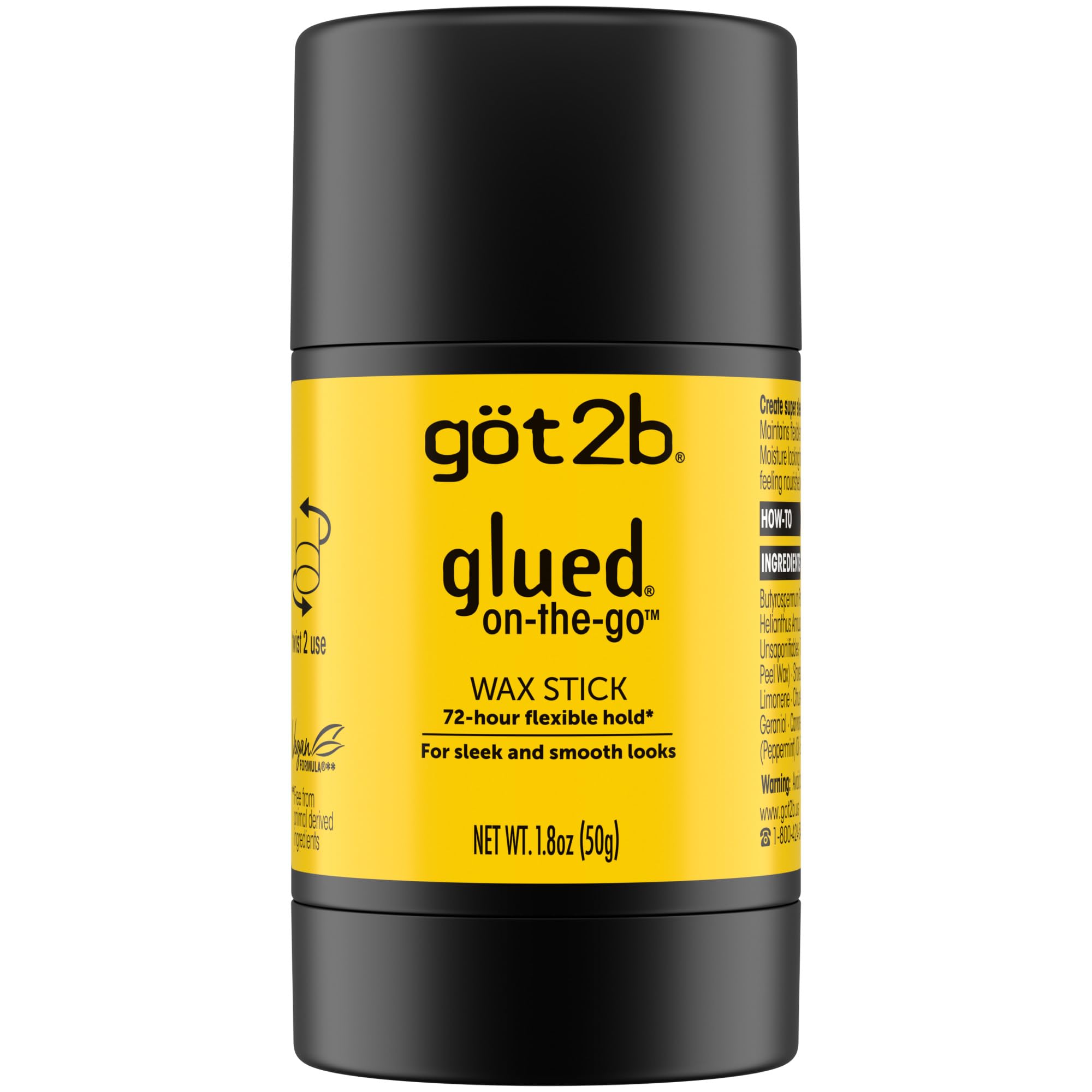 Packaging of got2b glued on-the-go wax stick for portable styling.