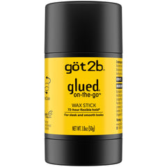 Packaging of got2b glued on-the-go wax stick for portable styling.
