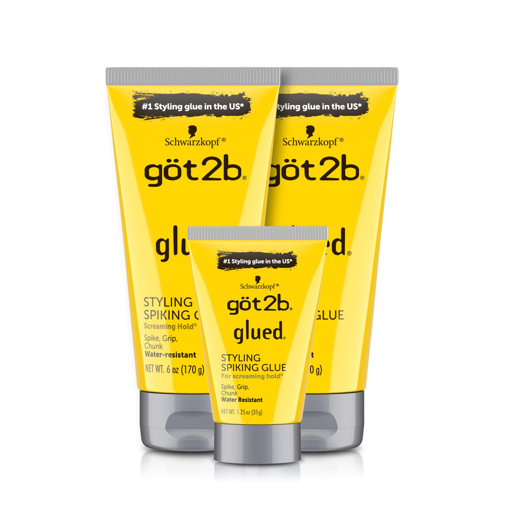 Got2B Glued Spiking Hair Gel on two 6 oz tubes for dramatic, long-lasting hold.
