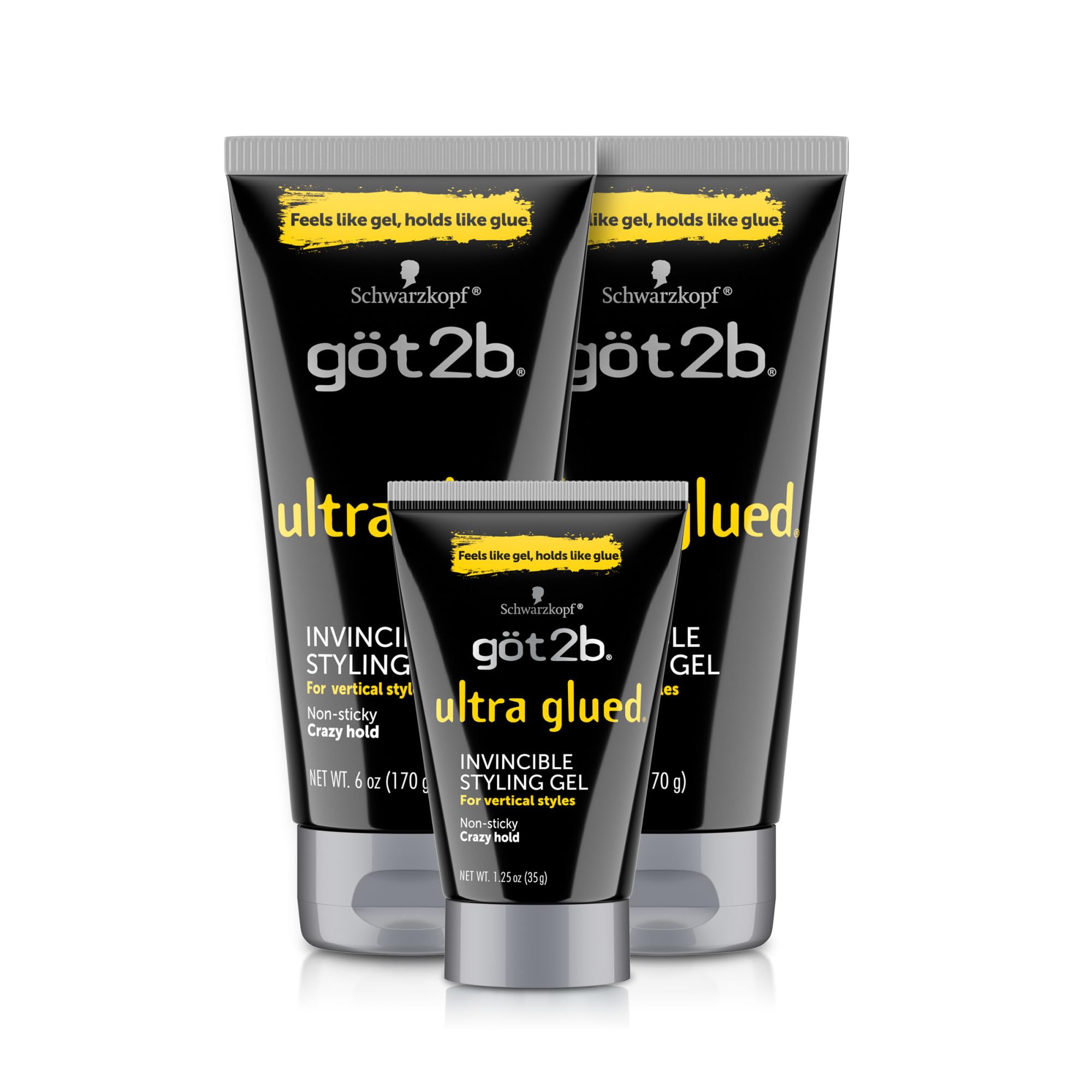 Got2B Ultra Glued Invincible gel with two full-size tubes delivers extreme hold for gravity-defying styles.