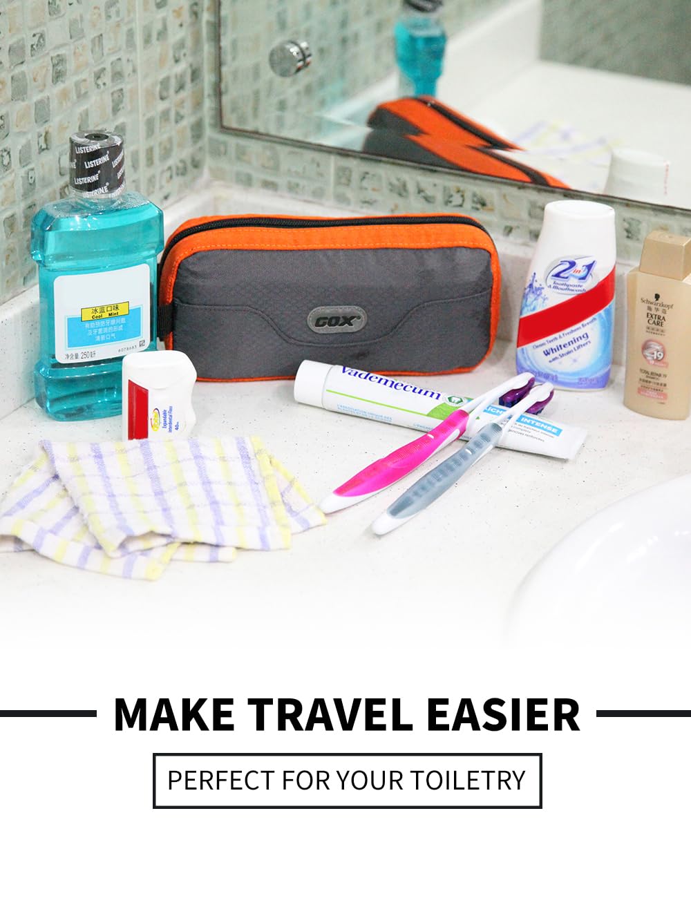 GOX toiletry bag hanging hook demonstrates easy access in bathrooms.