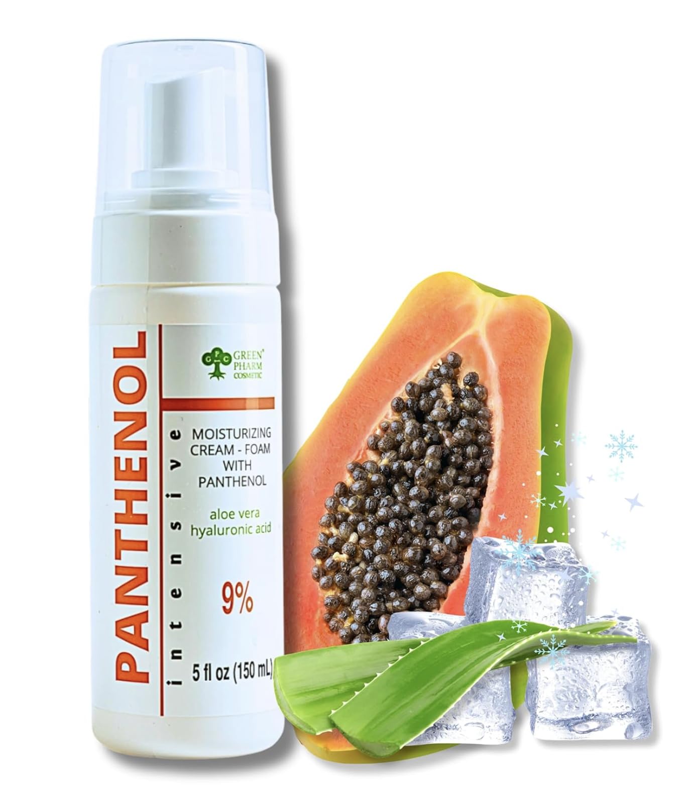 GPC Panthenol Foam bottle highlights hydrating formula for sensitive skin.