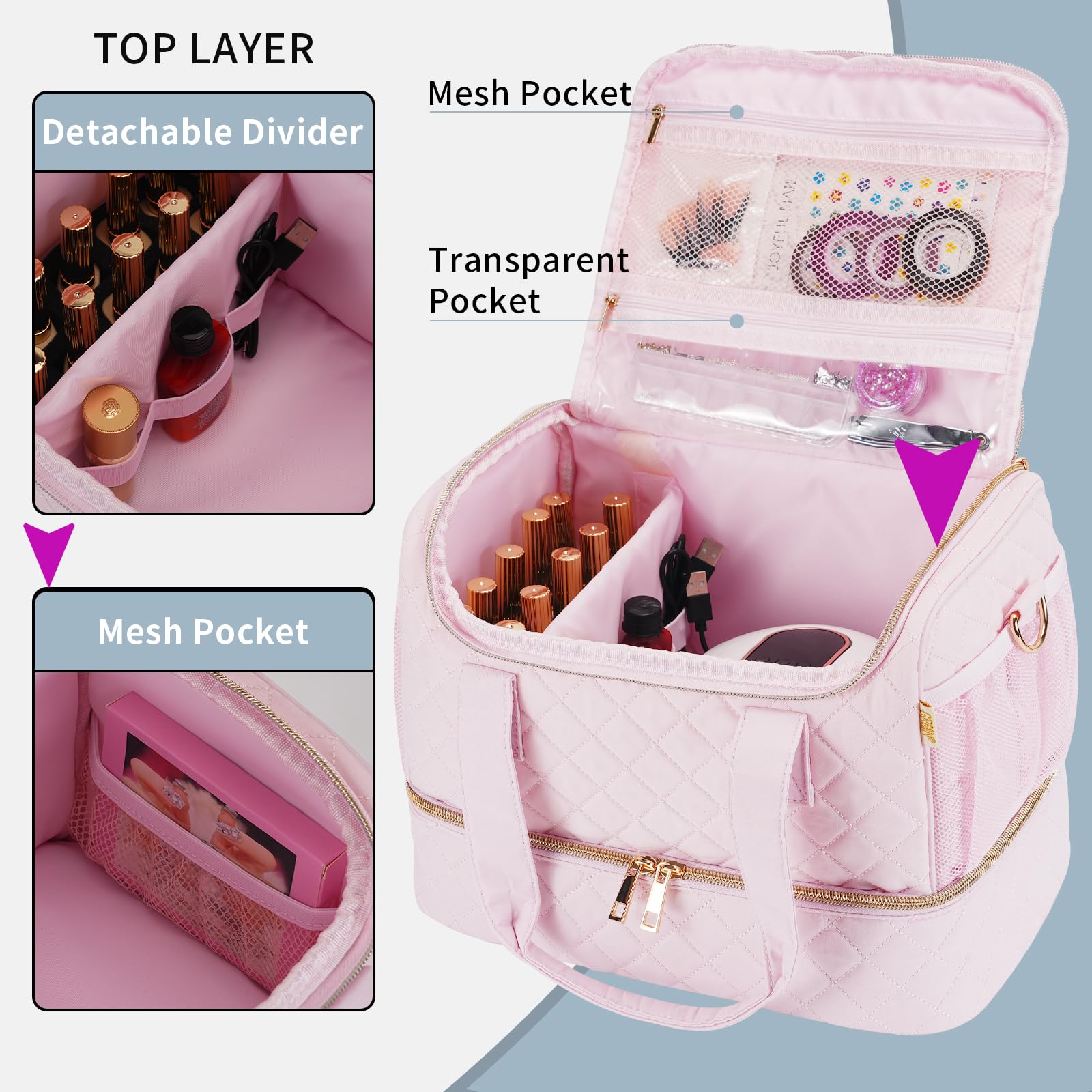 GR69N nail polish organizer case holds lamp and fifty bottles showcasing capacity.