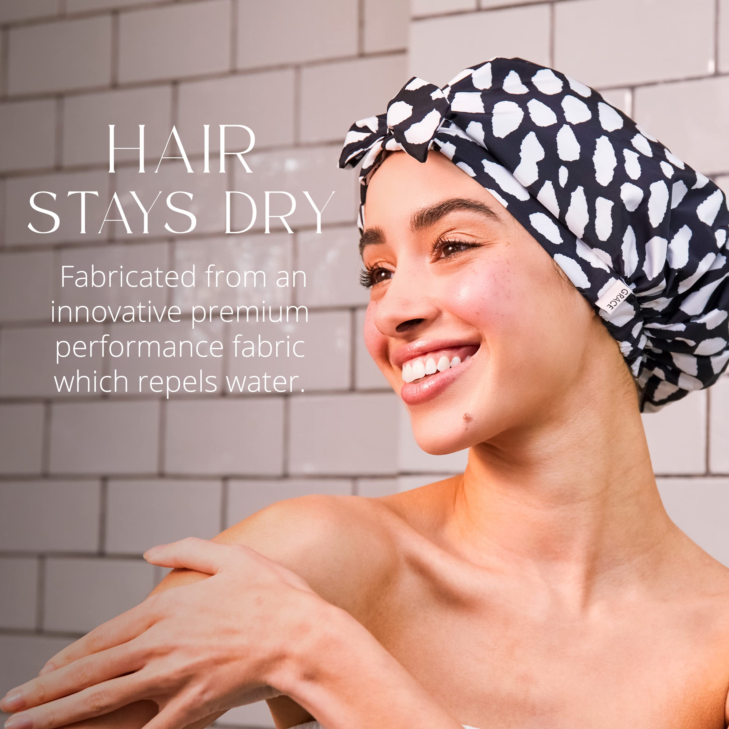 Grace & Company luxury shower cap worn during showers keeps hair dry and frizz-free.