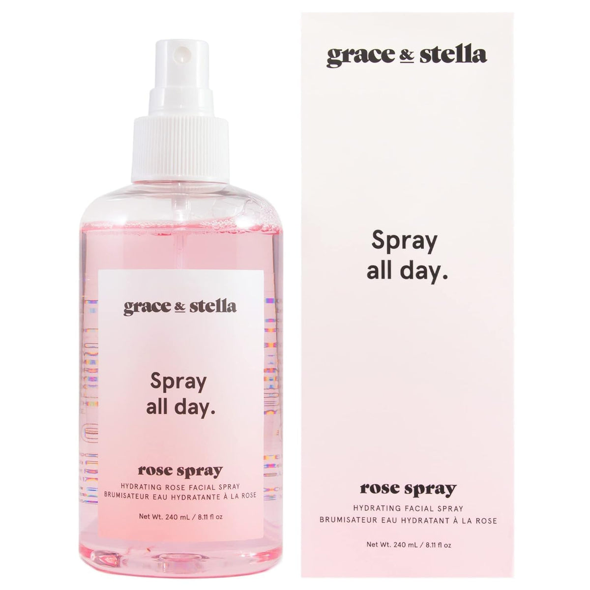 Grace & Stella agua de rosas en frasco de 240 ml para uso diario.