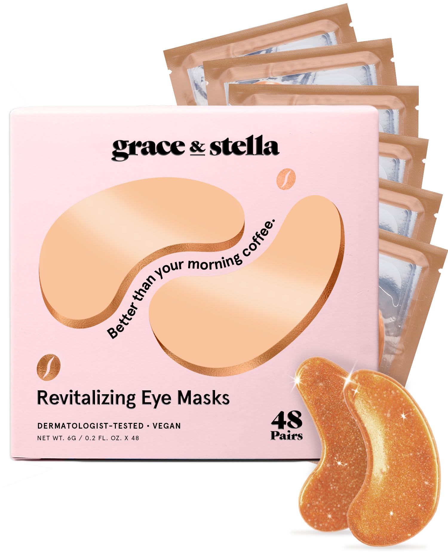 Grace & Stella caffeine under eye patches bottle close-up showing energizing formula