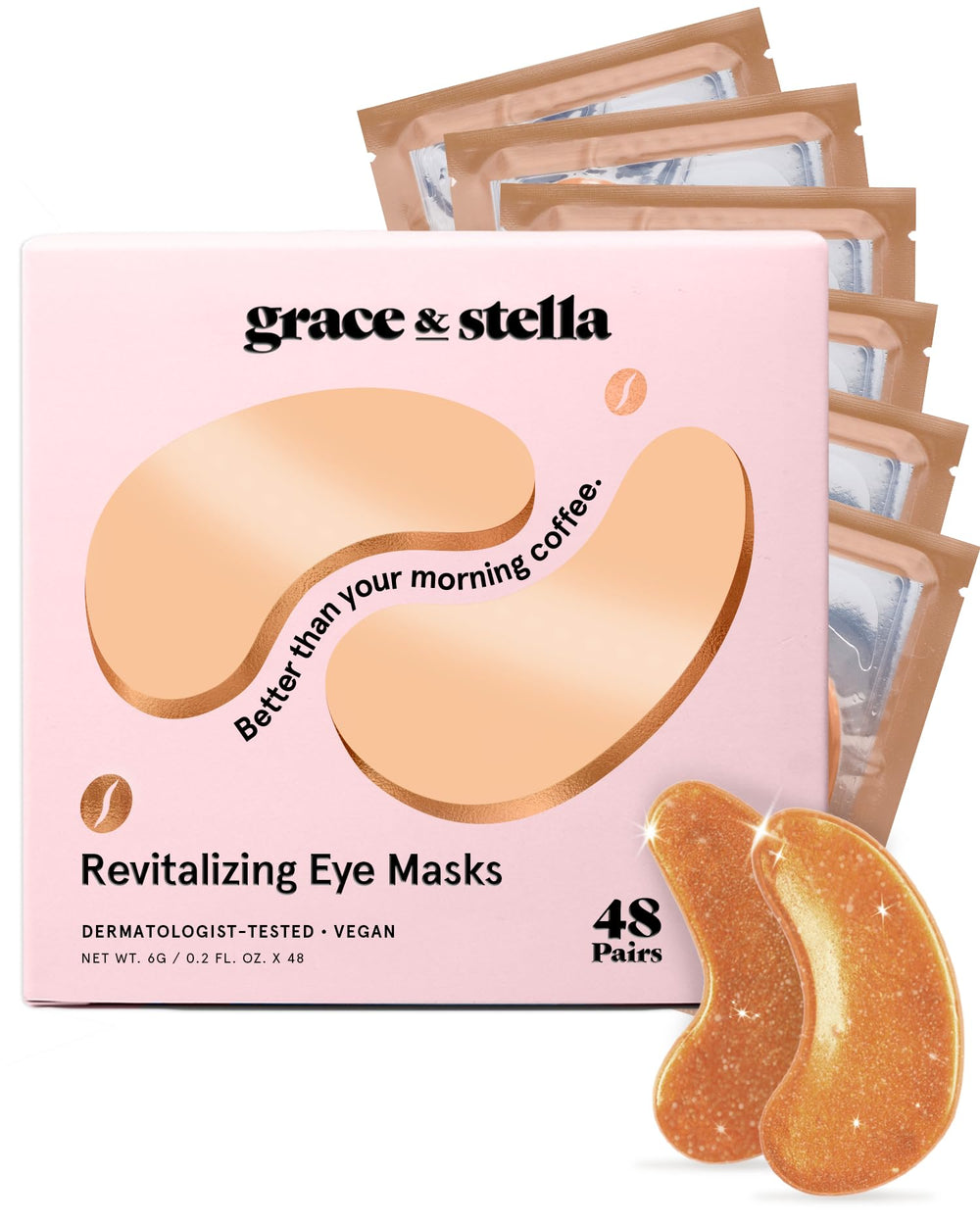 Grace & Stella caffeine under eye patches bottle close-up showing energizing formula