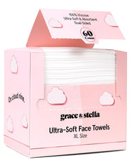 Grace & Stella disposable XL face towels packaging for convenient travel cleansing