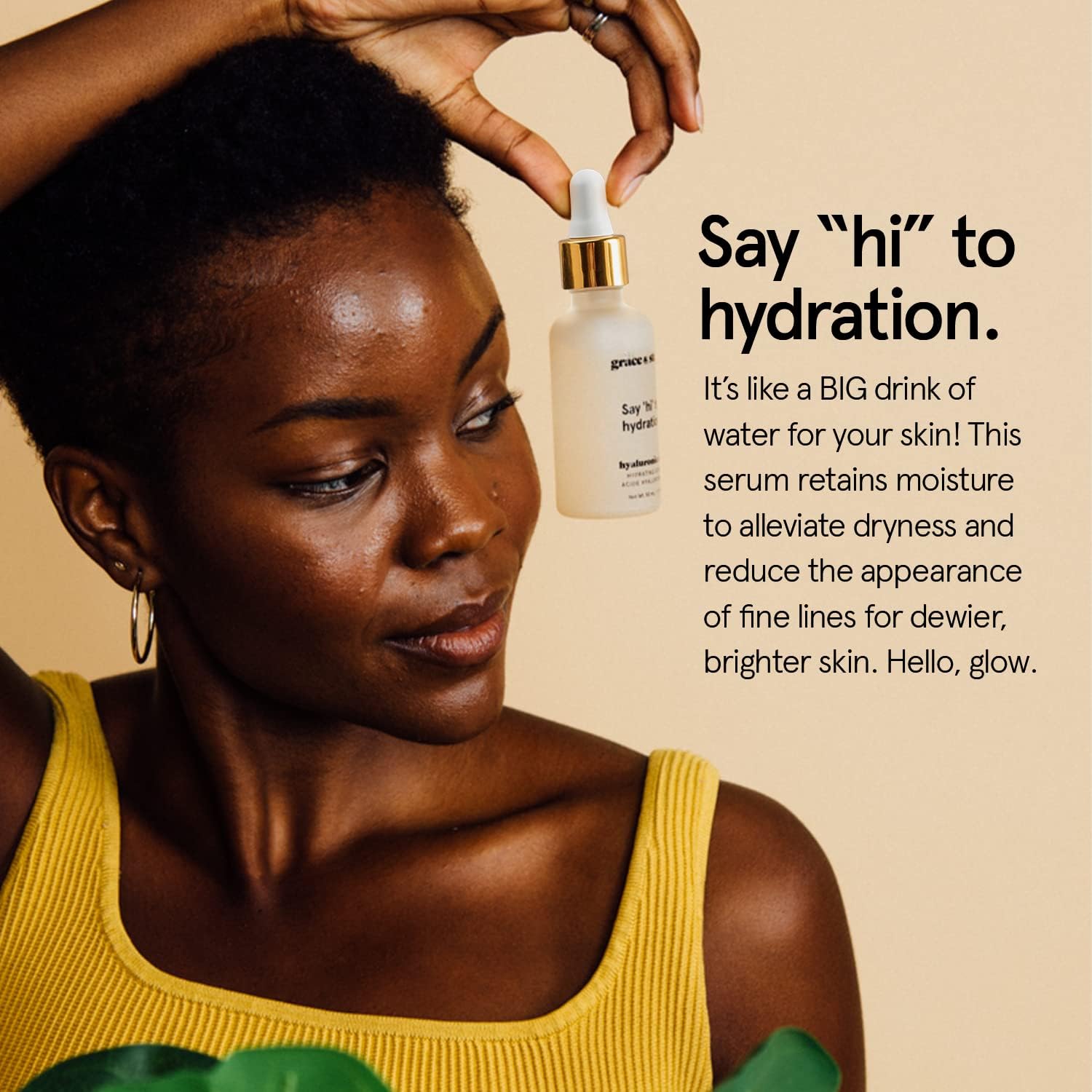 Grace & Stella HA serum bottle closeup showing lightweight hydration for all skin types