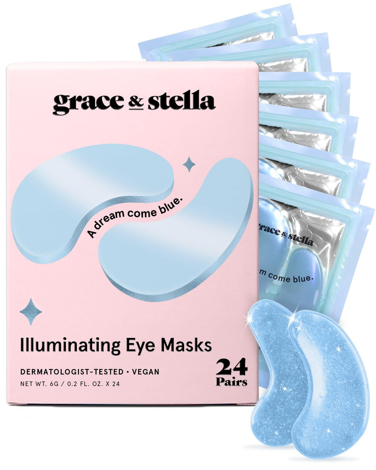 Grace & Stella parche de ojos gel azul para aplicación diaria y hidratación.