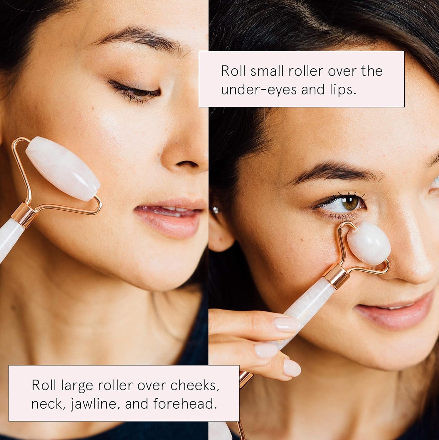 Grace & Stella rose quartz face roller with gold trim detail