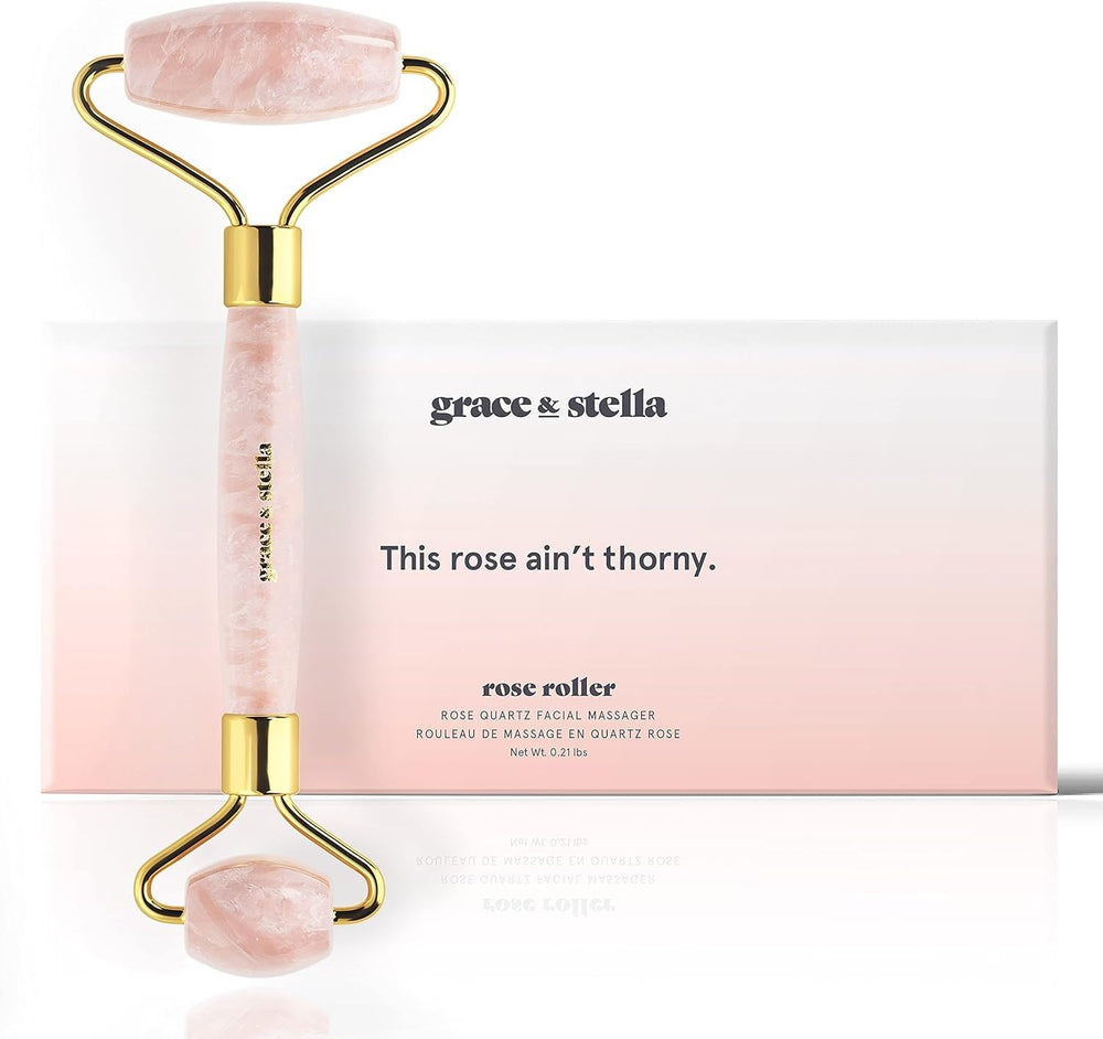 Grace & Stella rose quartz roller promotes lymphatic drainage and circulation