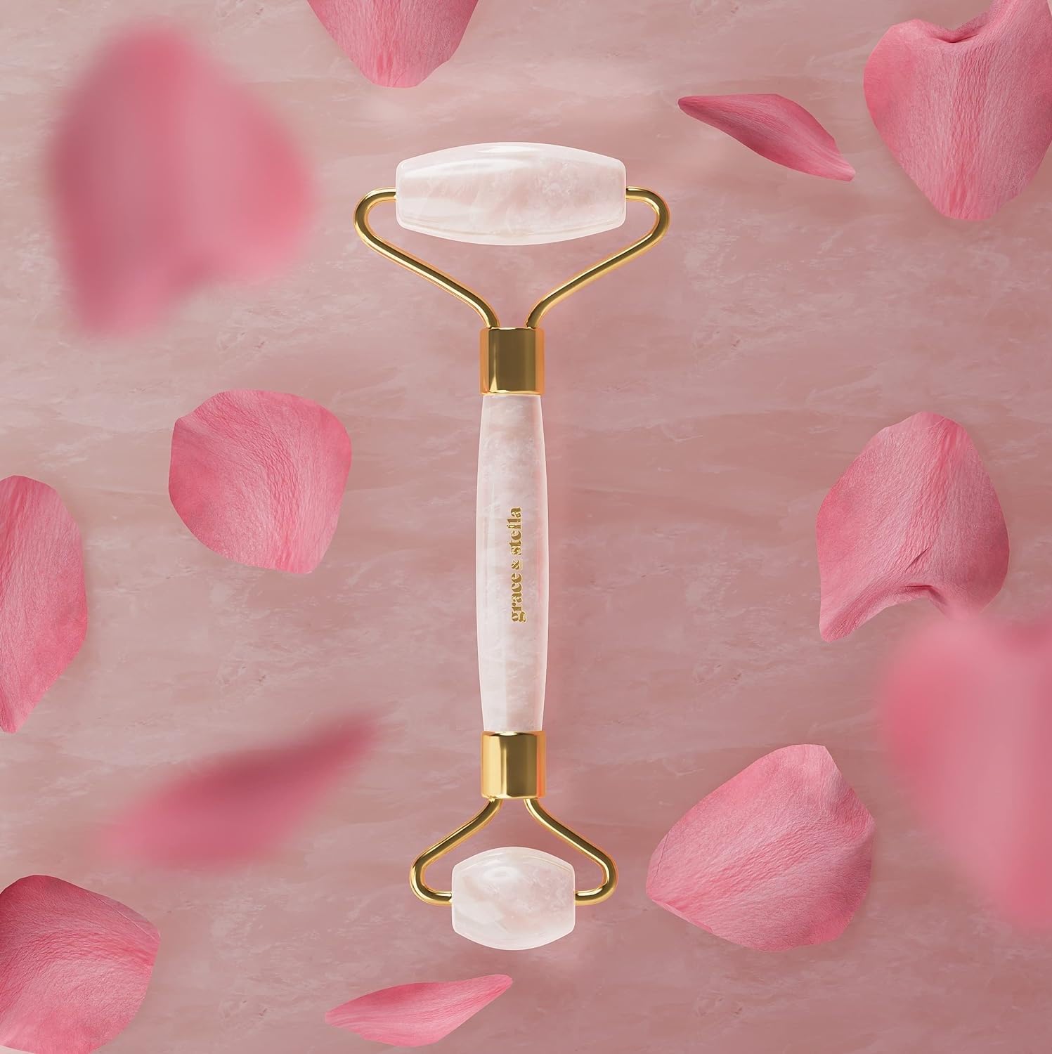 Grace & Stella rose quartz roller helps reduce puffiness and tension
