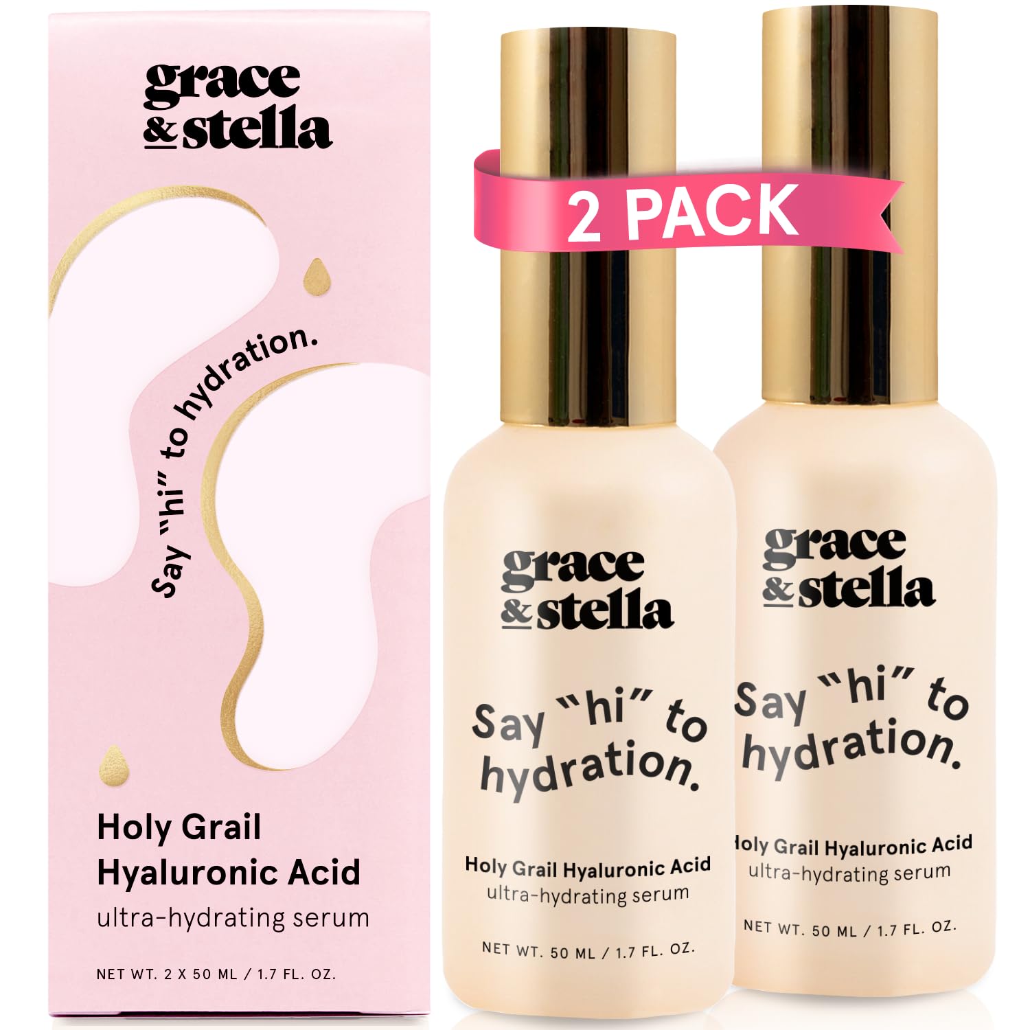 Grace & Stella sérum hialurónico, frasco de 50 ml, hidratación duradera para la piel.