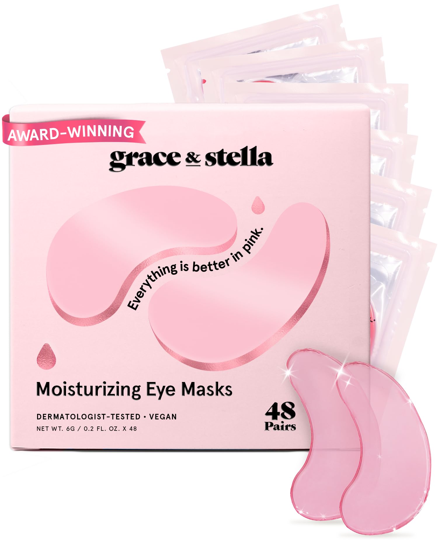 Grace & Stella under eye mask pink pack close-up showing soothing gel patches for refreshed eyes