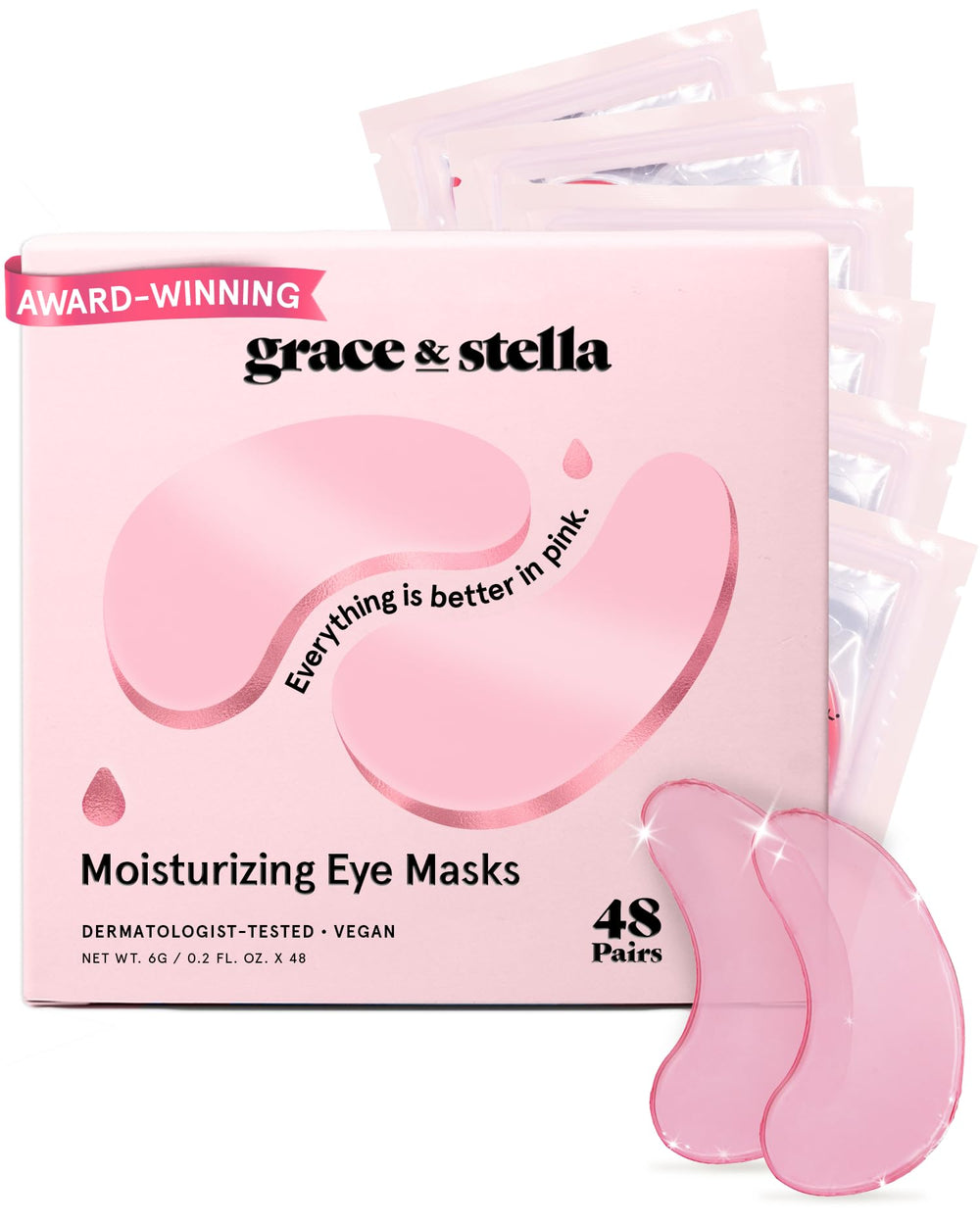 Grace & Stella under eye mask pink pack close-up showing soothing gel patches for refreshed eyes
