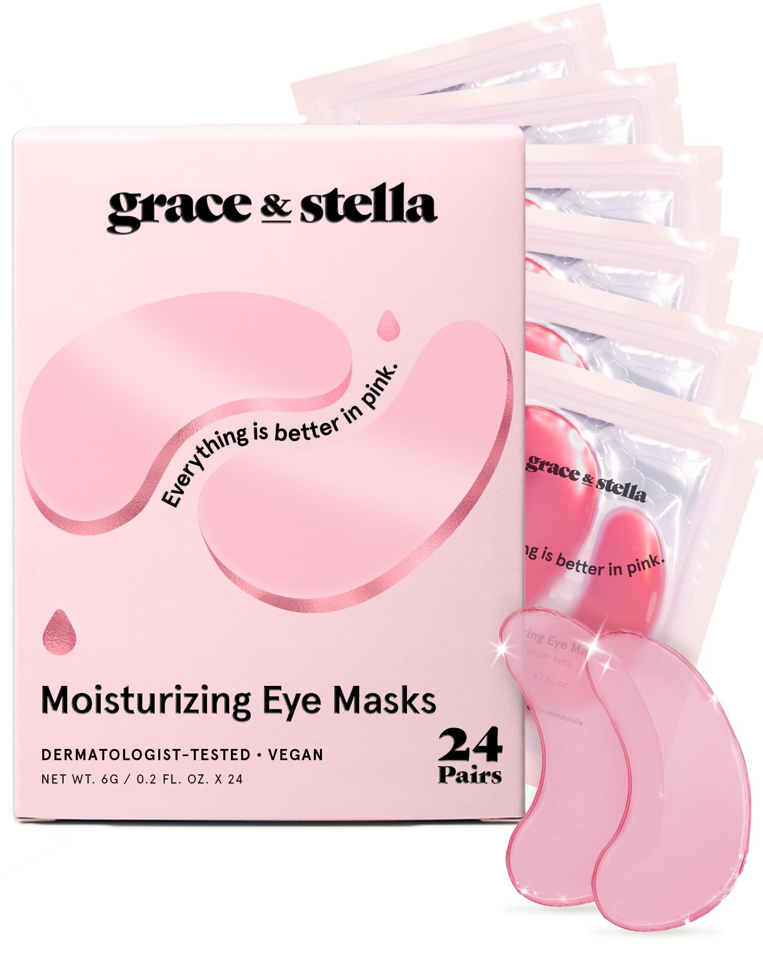 Grace & Stella under eye mask pink packaging for quick de-puffing and refreshment.