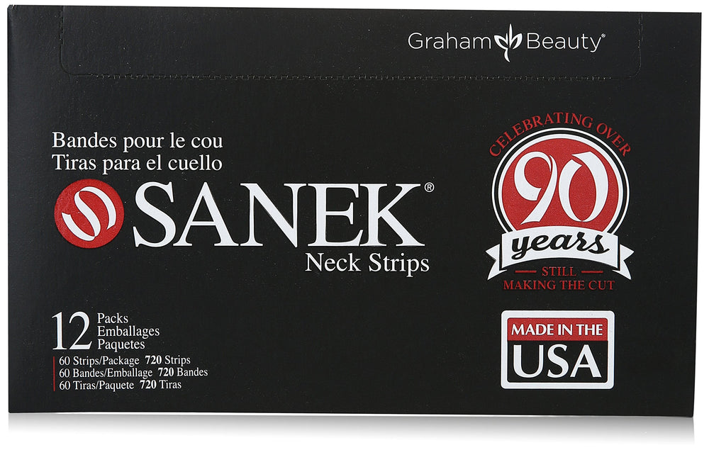 Graham Medical Sanek neck strips on a display box showing professional hygiene solution for salons