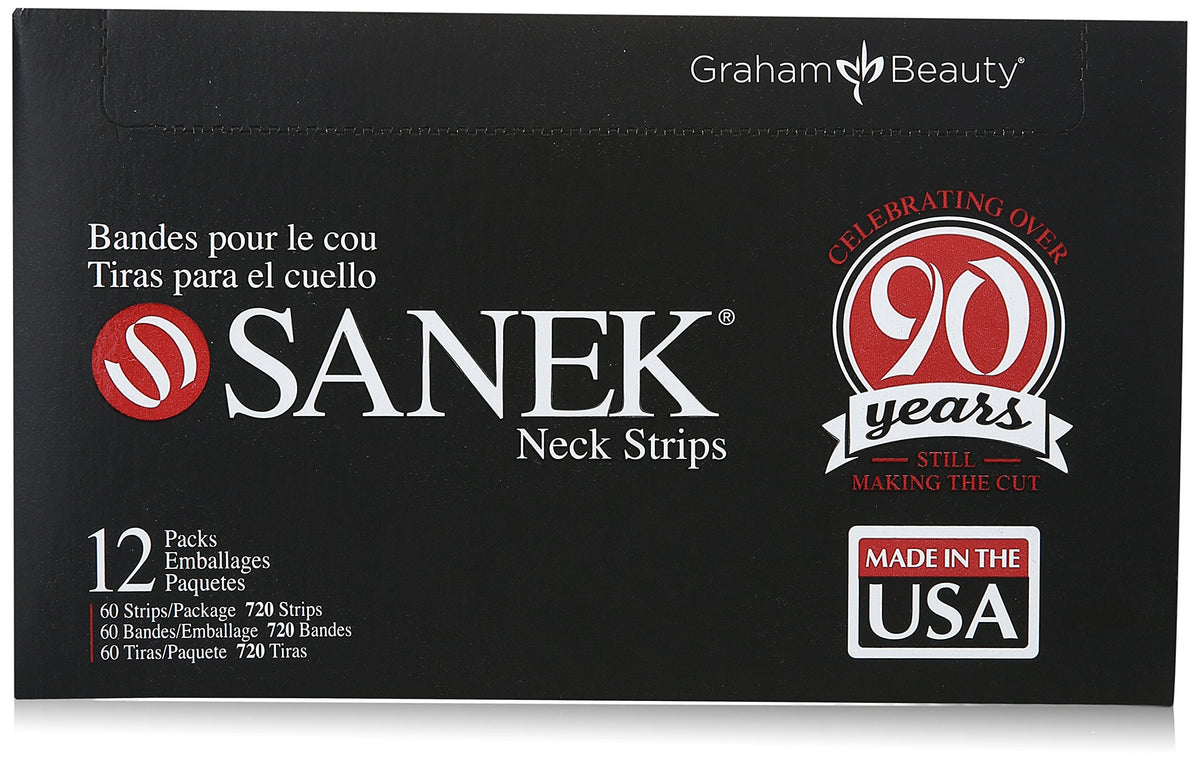 Graham Medical Sanek neck strips on a display box showing professional hygiene solution for salons
