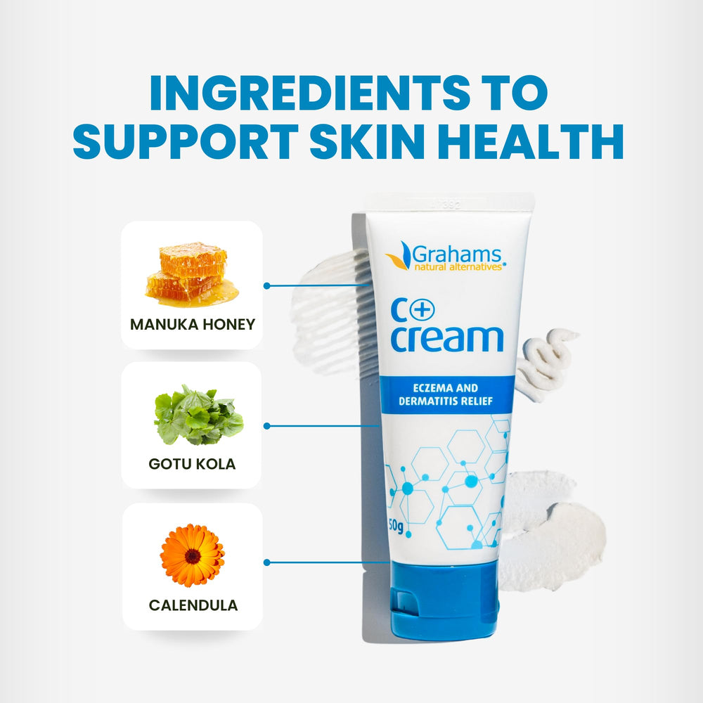 Hand application of Grahams Natural C+ eczema cream for dry skin relief.