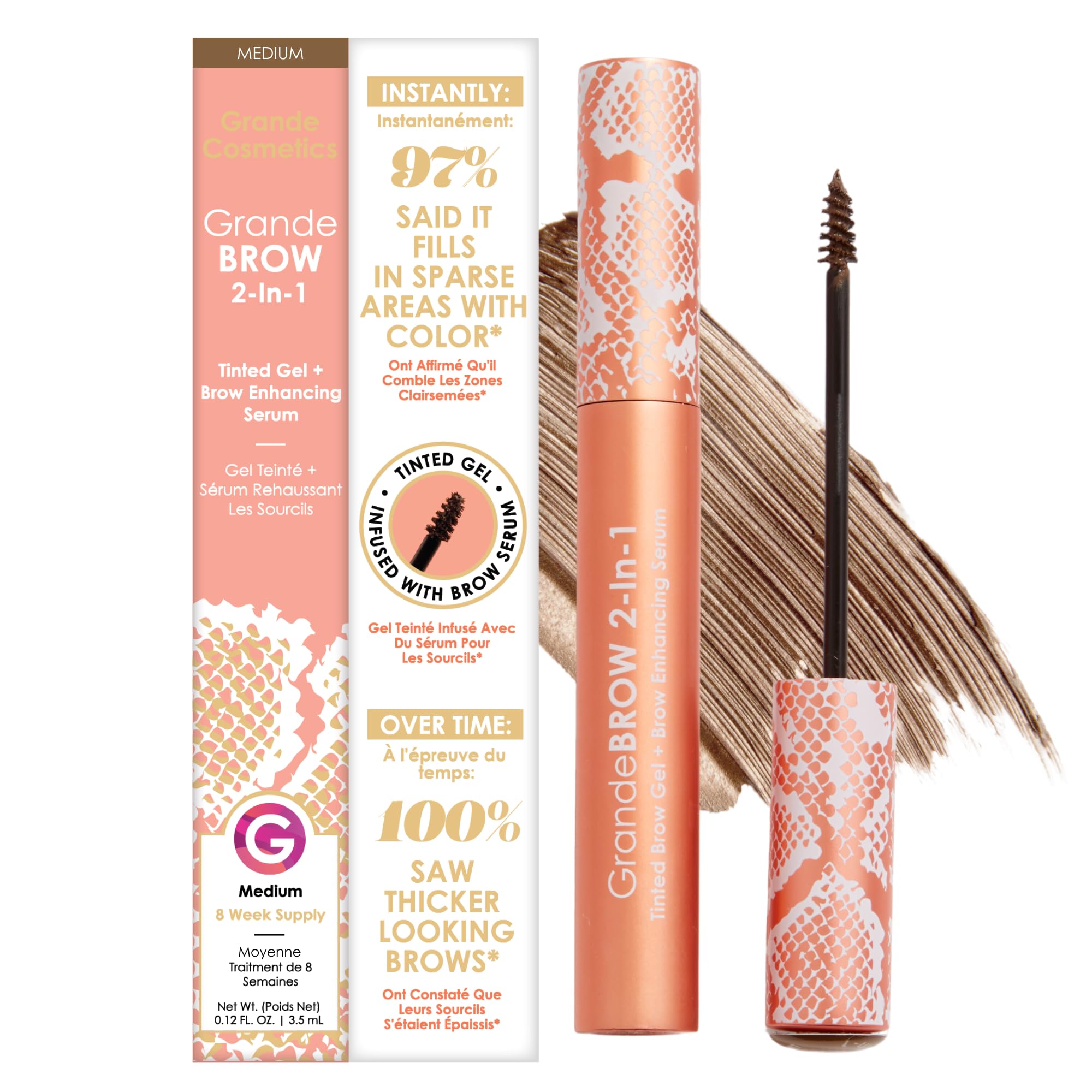 GrandeBROW 2-in-1 tinted gel with mini fibers adds instant color and volume to brows.