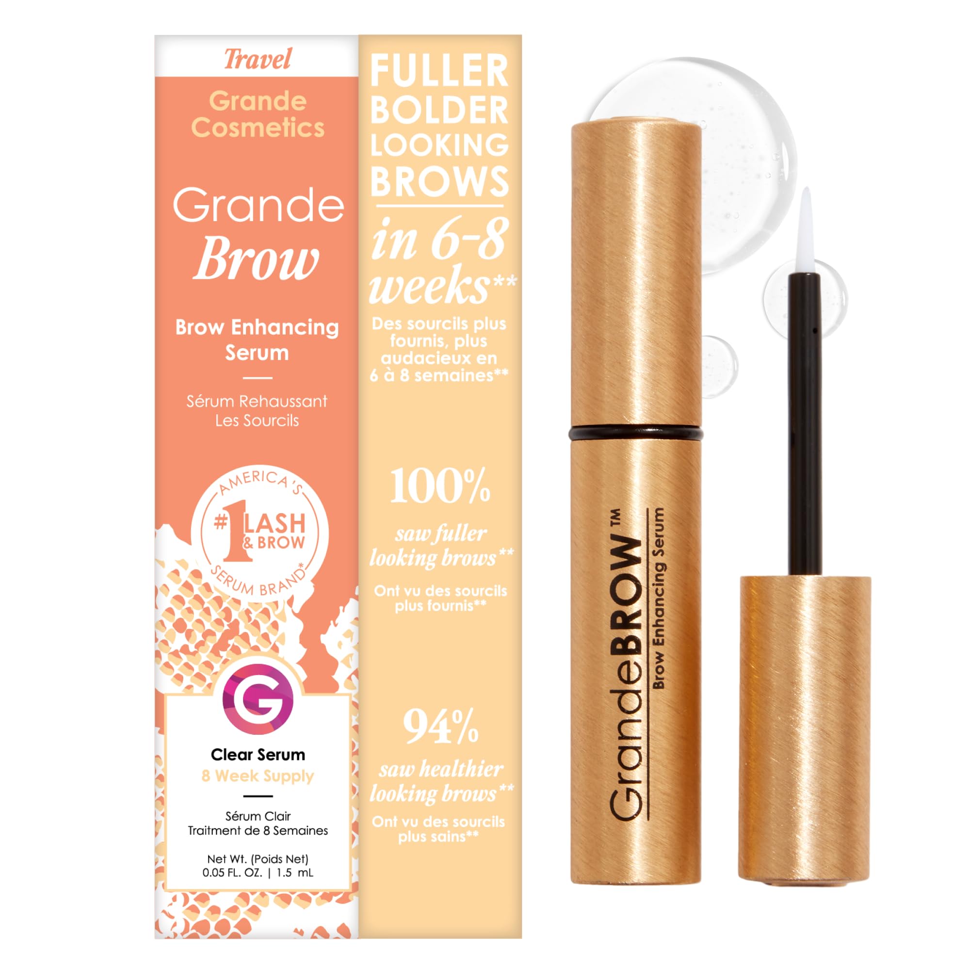 Grande Cosmetics GrandeBROW serum bottle promoting fuller, bolder brows.