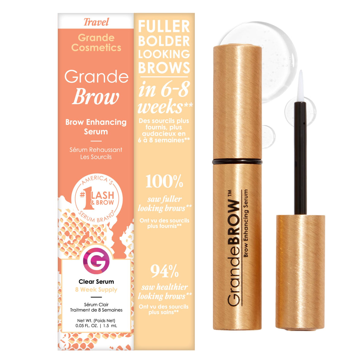 Grande Cosmetics GrandeBROW serum bottle promoting fuller, bolder brows.