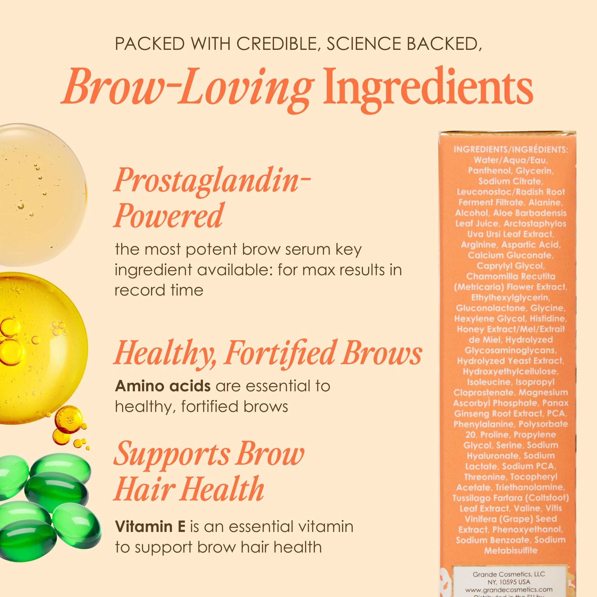 Side view of GrandeBROW serum bottle on a clean surface.