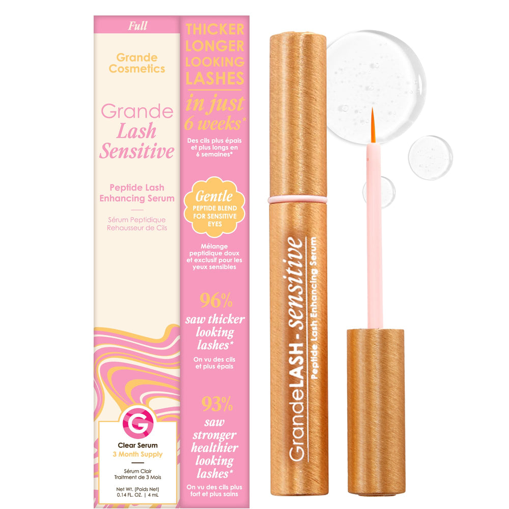 Grande Cosmetics GrandeLASH-Sensitive bottle front showcases gentle peptide support for lashes.