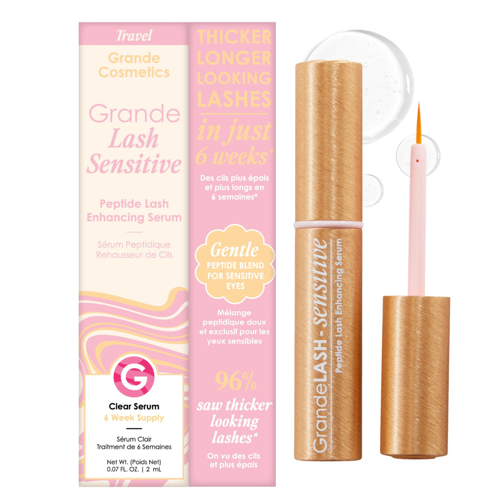 Grande Cosmetics GrandeLASH-Sensitive serum bottle close-up showing peptide formula for delicate lashes.