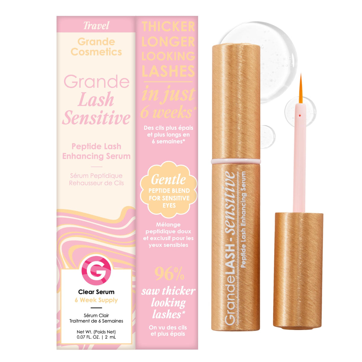 Grande Cosmetics GrandeLASH-Sensitive serum bottle close-up showing peptide formula for delicate lashes.
