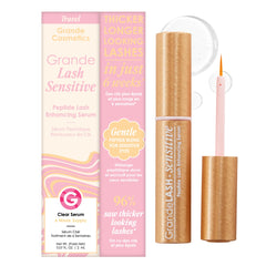 Grande Cosmetics GrandeLASH-Sensitive serum bottle close-up showing peptide formula for delicate lashes.
