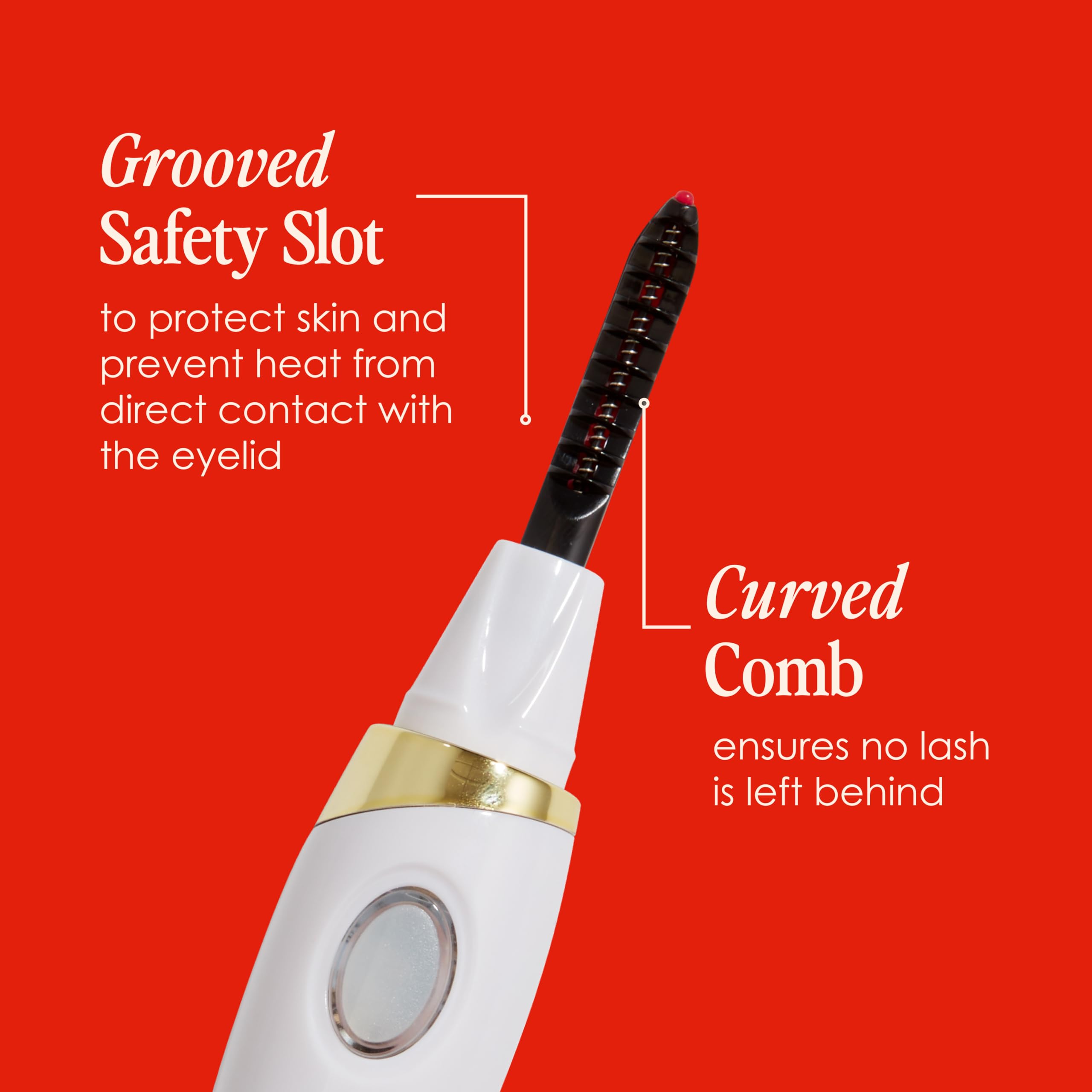 Grande Cosmetics Lash-Lift Heated Curler in action along lash base for even upswept curl.