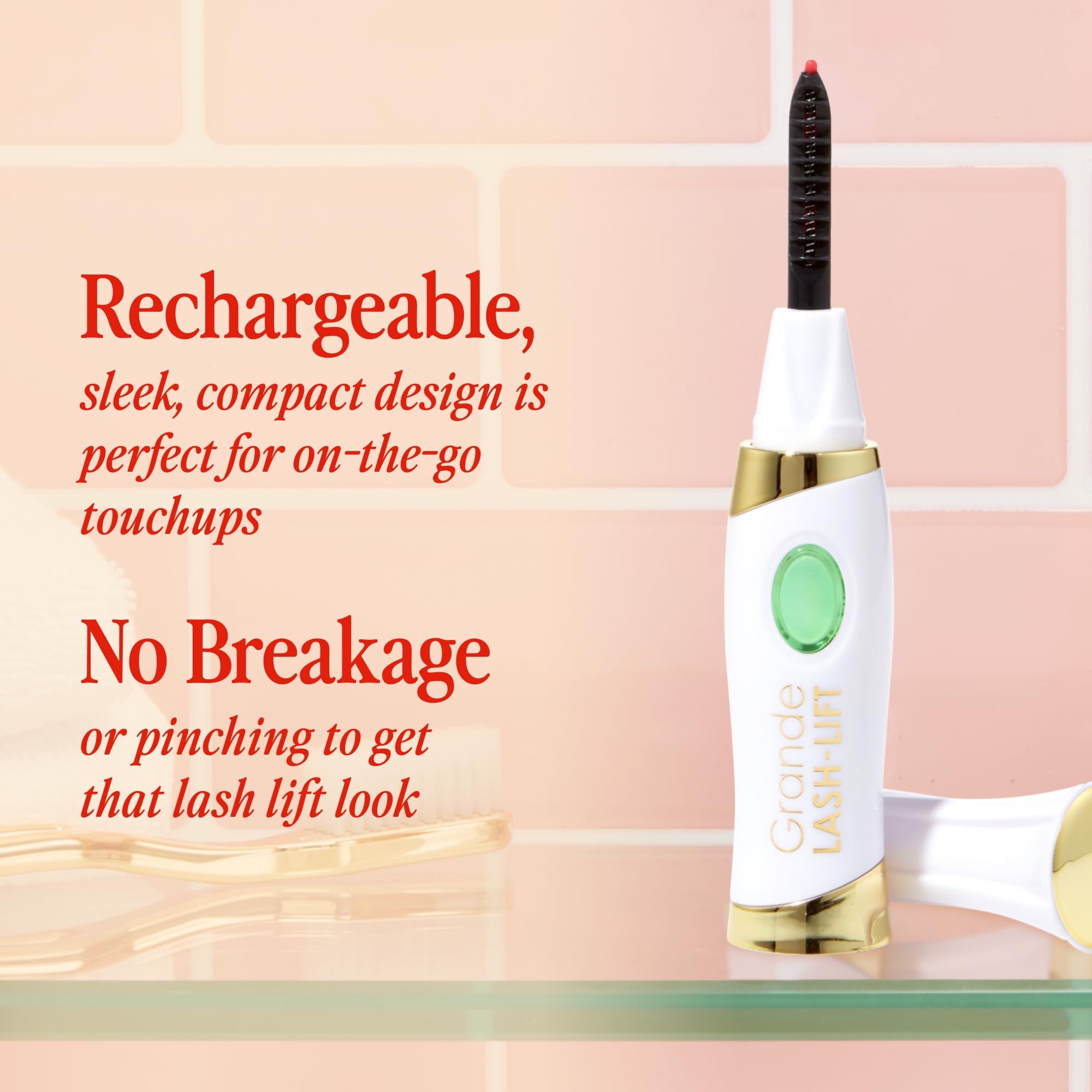 Grande Cosmetics Lash-Lift Heated Curler used with mascara for longer lasting curl.