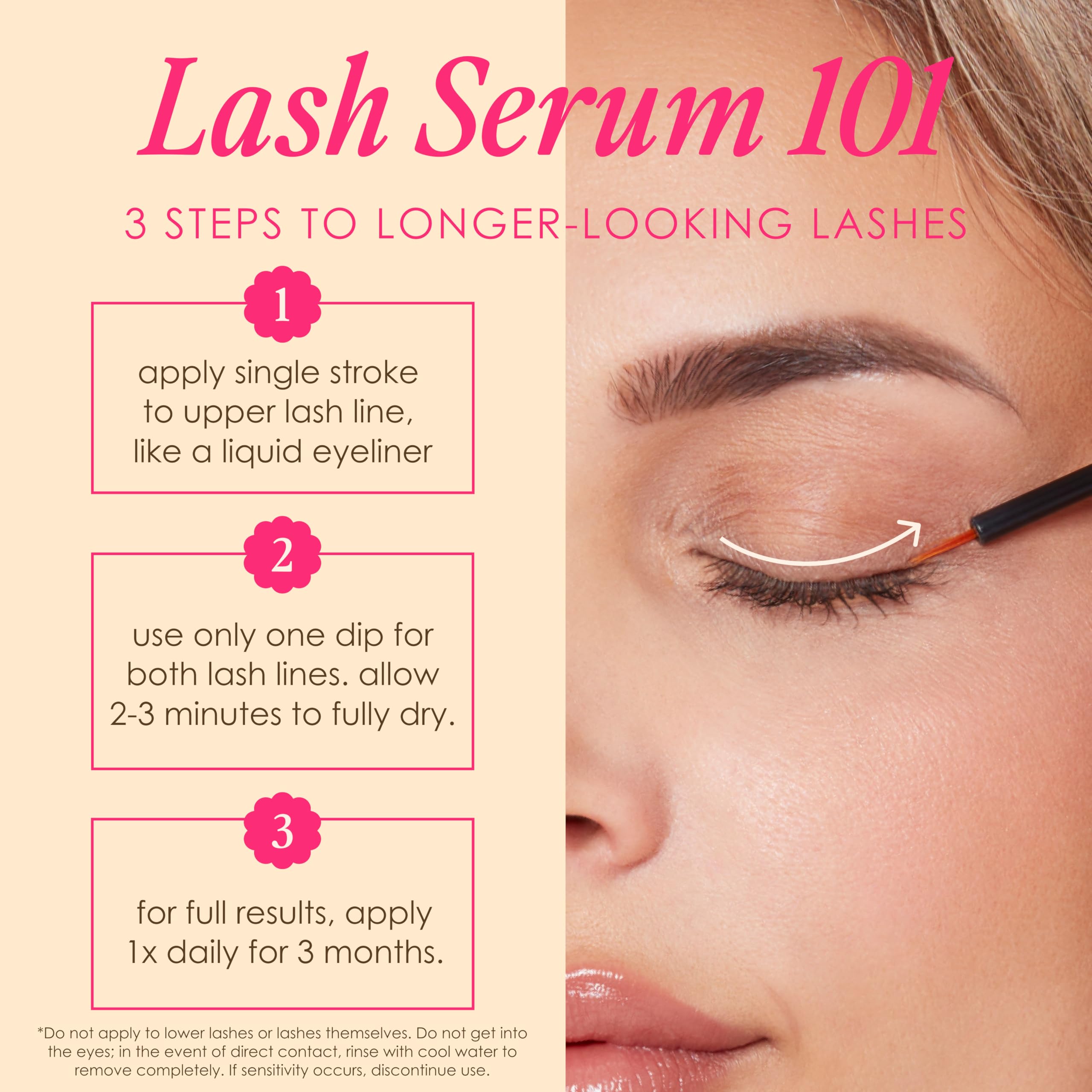 Close-up of the brush tip applying serum to lashes for targeted use.