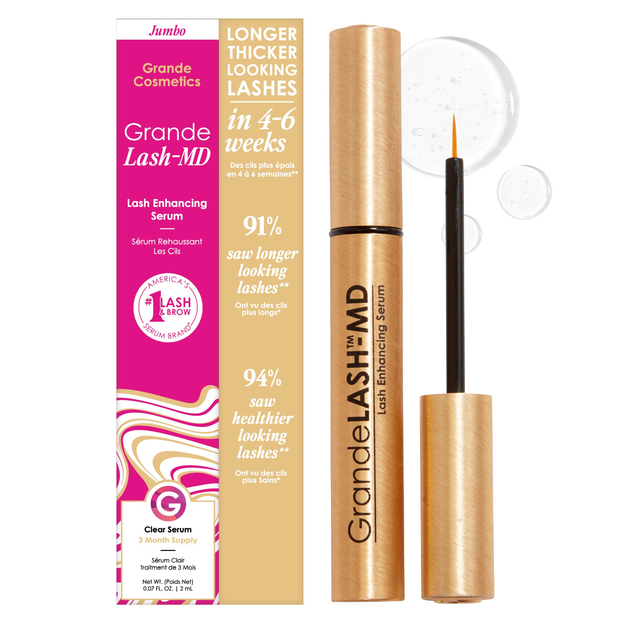 GrandeLASH-MD serum bottle highlighting longer-looking lashes.