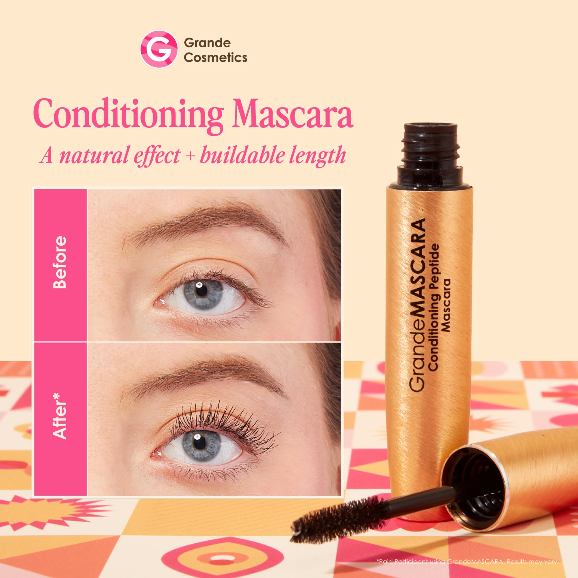 GrandeMASCARA brush wand demonstrates lift and volume capability for bold lashes