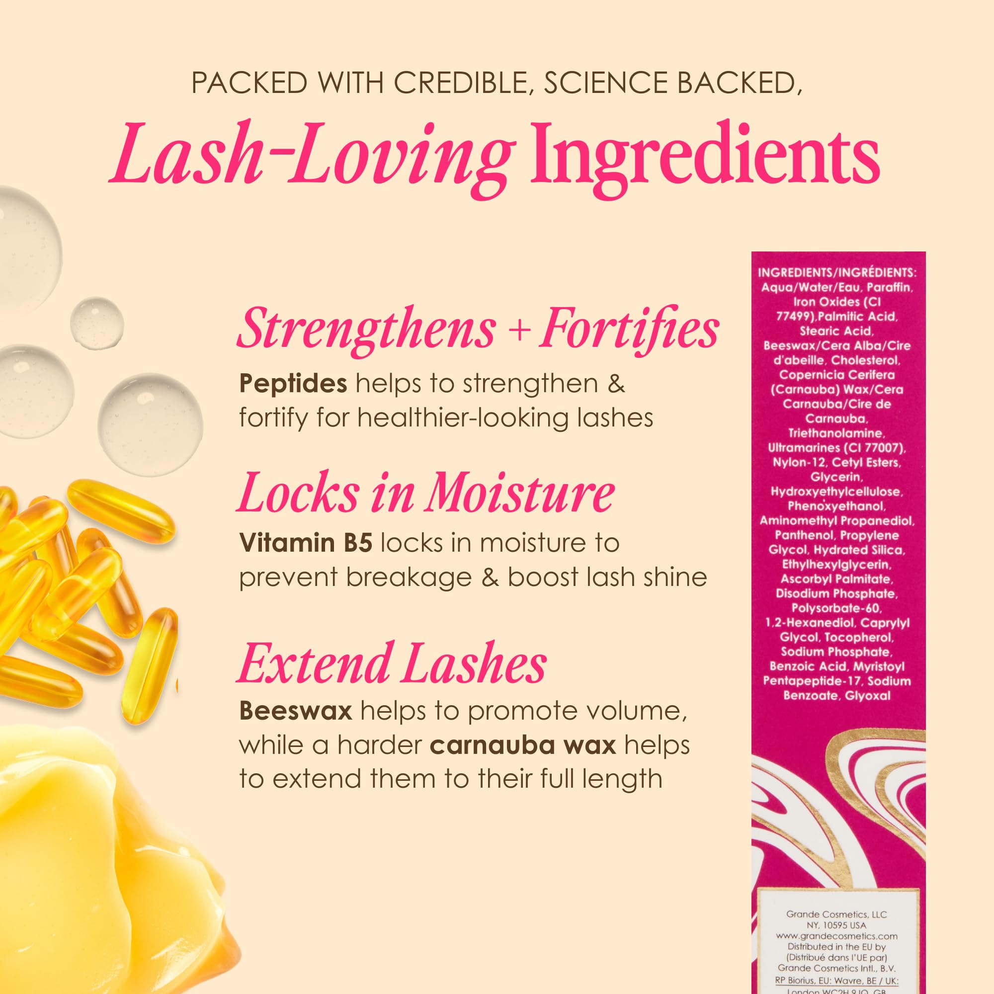 GrandeMASCARA peptides and panthenol support lash conditioning during wear