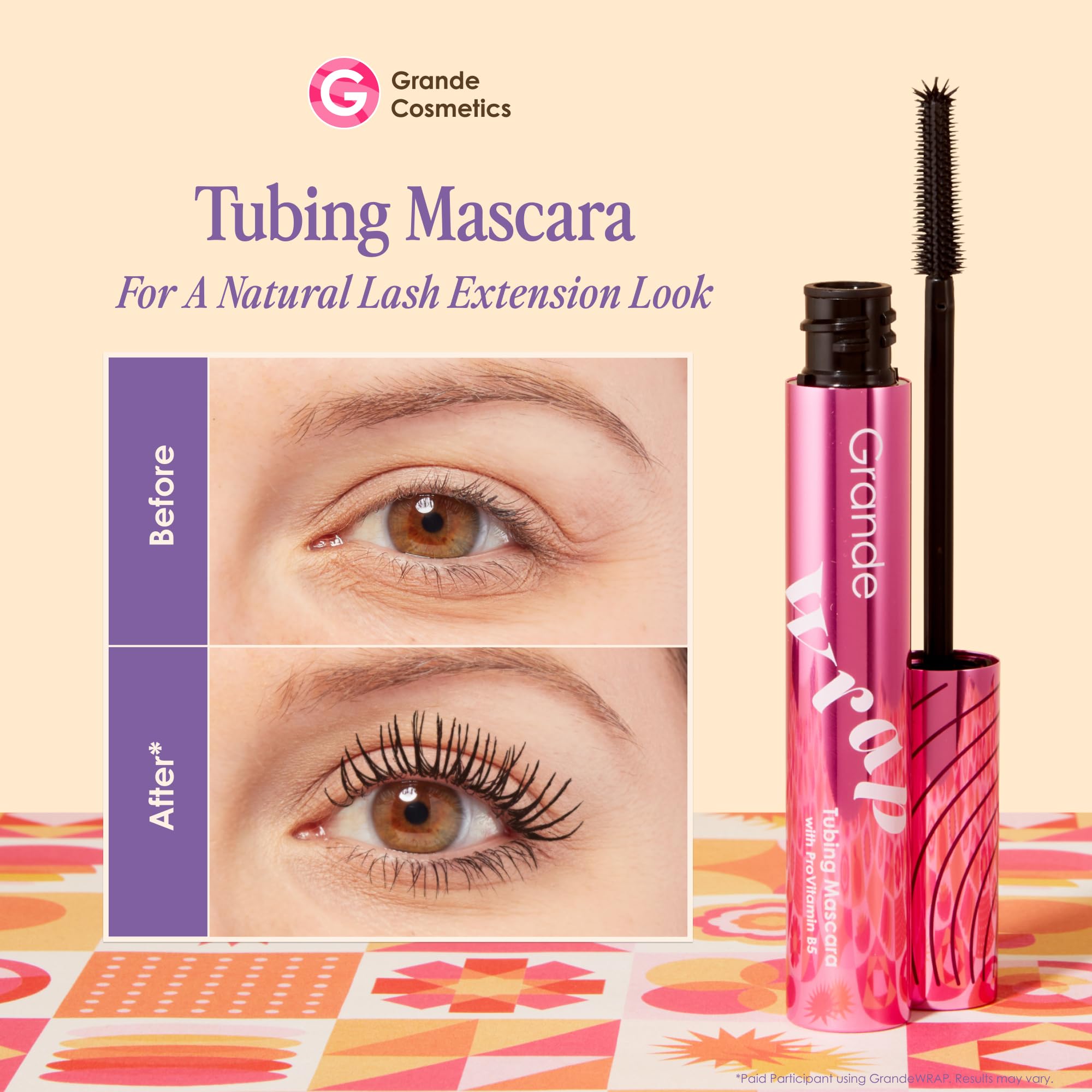 GrandeWRAP mascara wand close‑up reveals tapered brush design