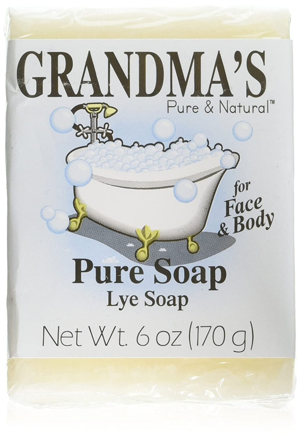 Grandma's Pure Lye Soap Bar barra sin aroma de 6 oz para cara y cuerpo, limpieza suave