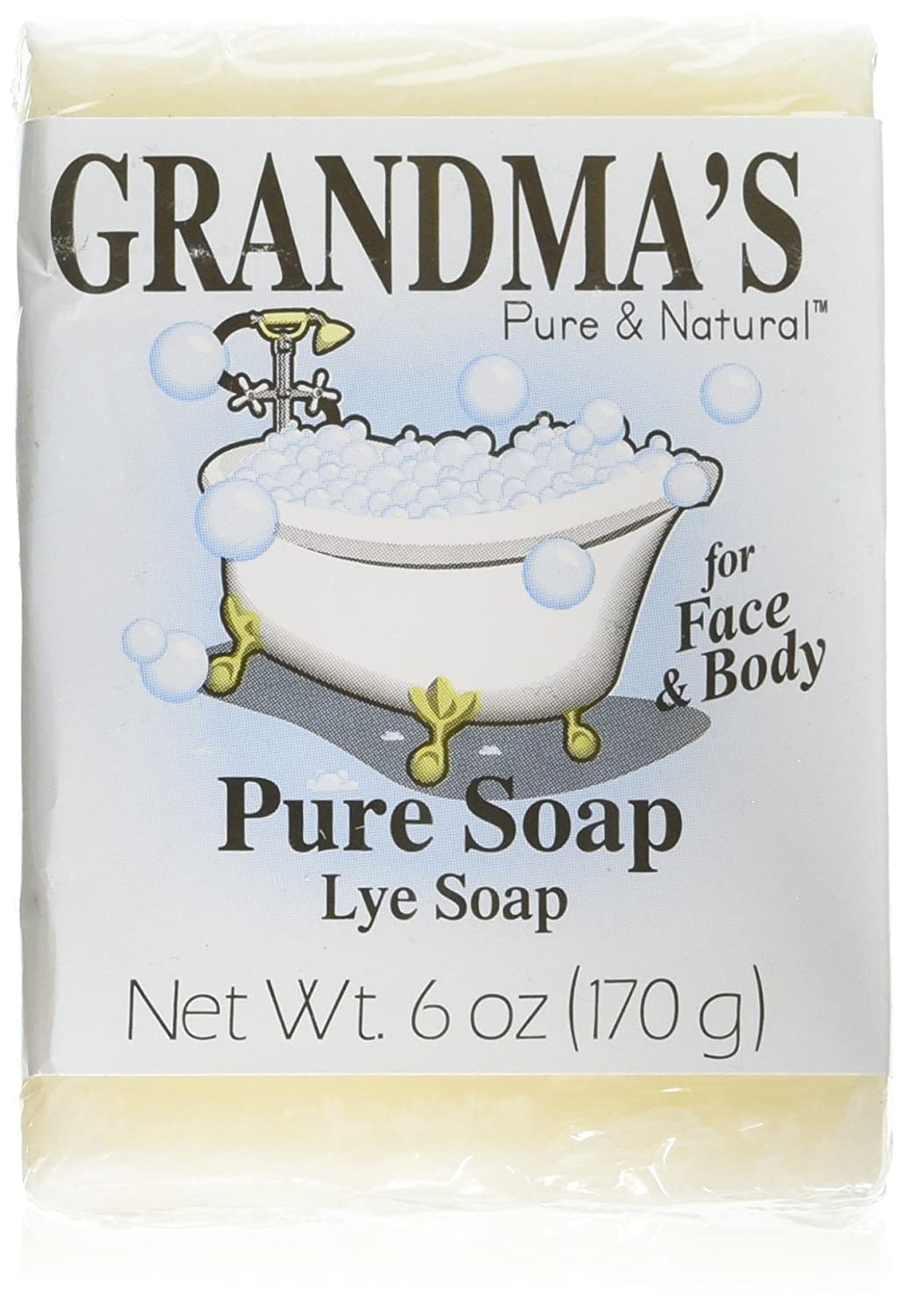 Grandma's Pure Lye Soap Bar barra sin aroma de 6 oz para cara y cuerpo, limpieza suave
