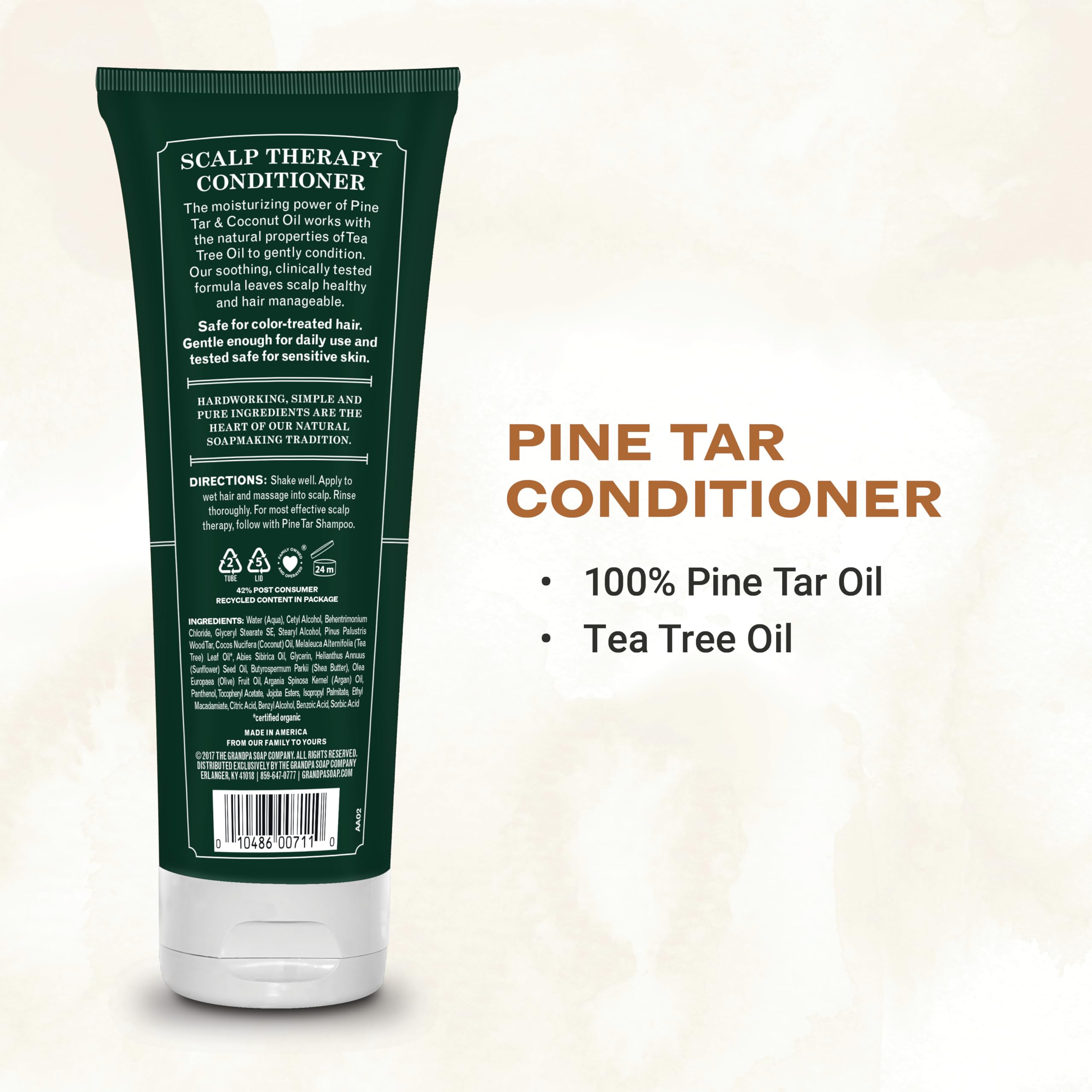 Etiqueta del Condicionador Pine Tar de The Grandpa Soap Company, empaque sostenible.