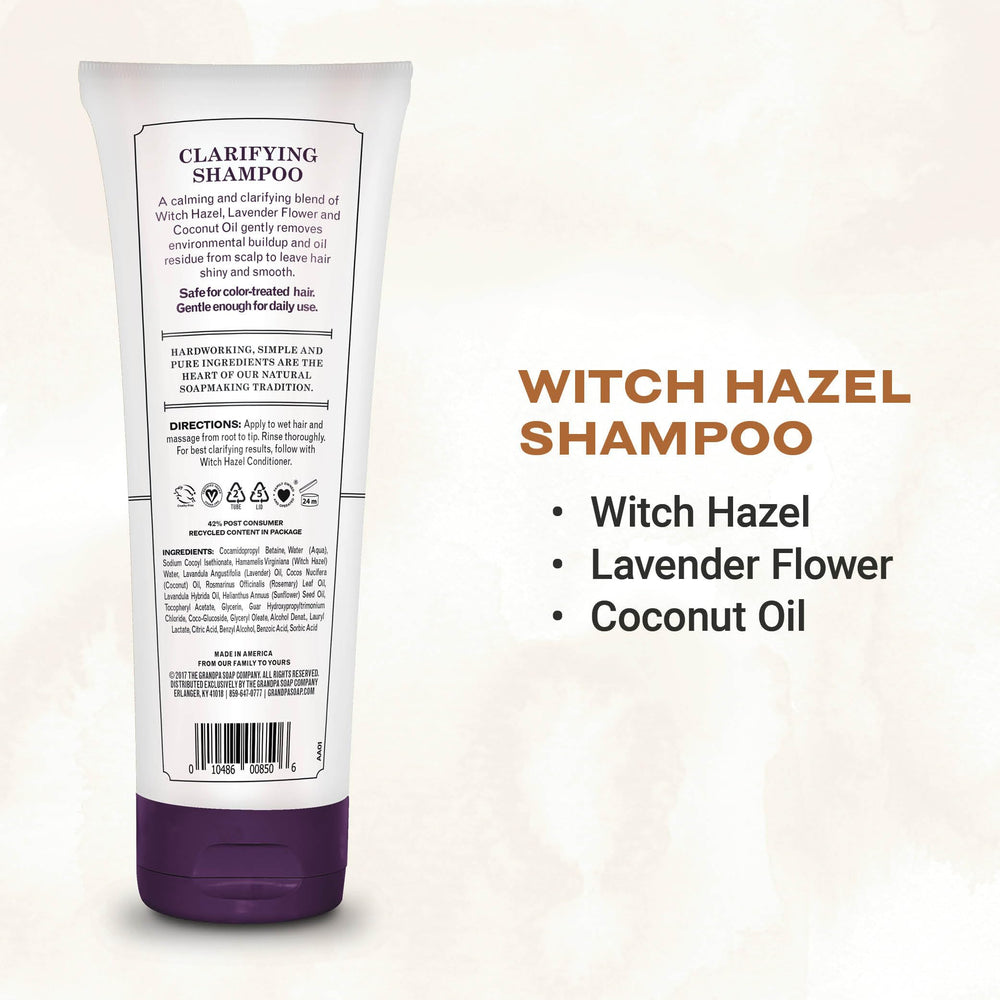 The Grandpa Soap Company Witch Hazel Shampoo label highlights vegan, cruelty-free credentials.