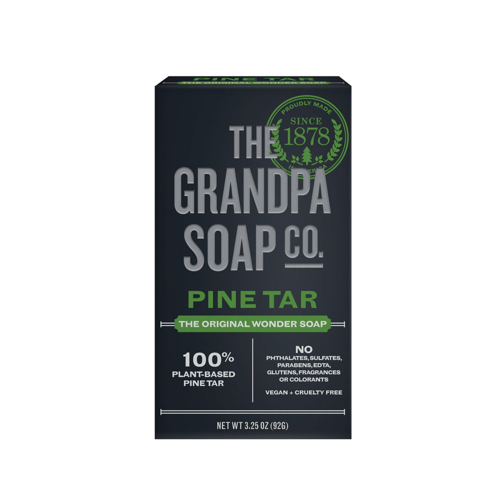 Grandpa's Pine Tar Soap bar front view for everyday cleansing and rugged outdoor use.