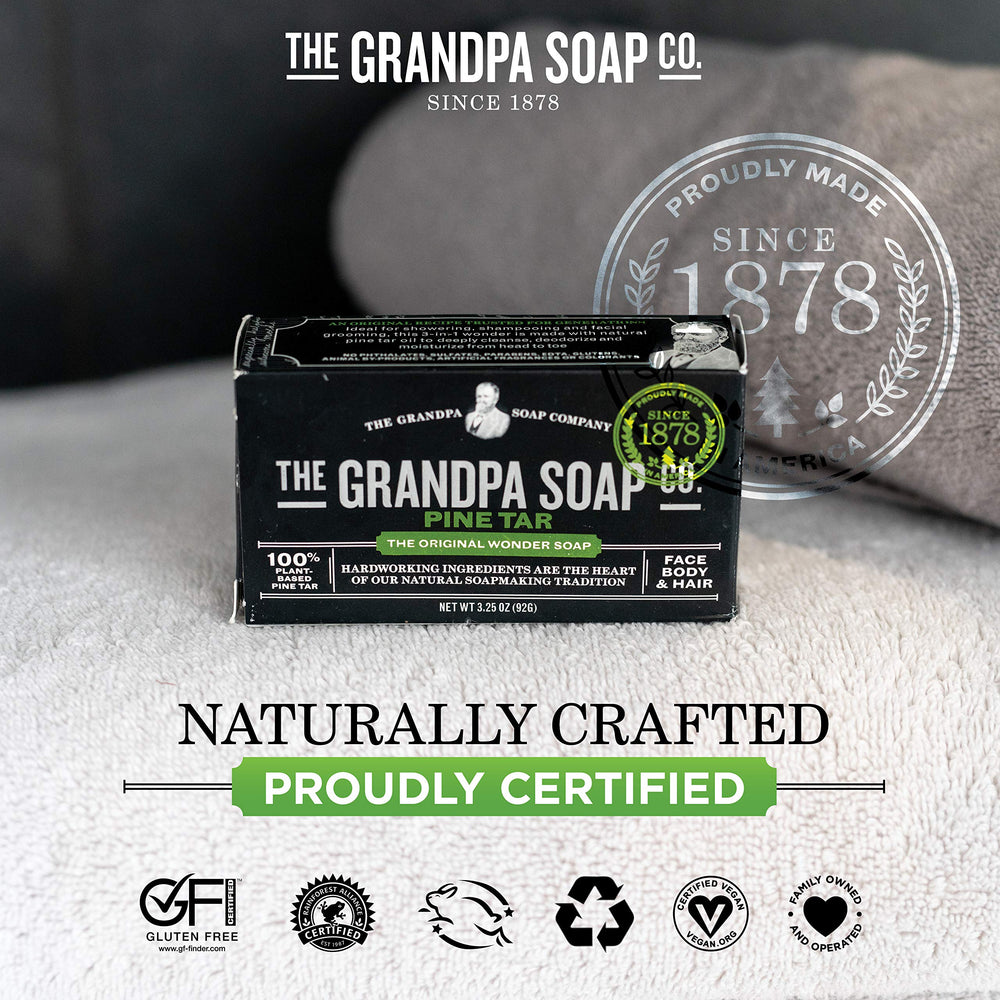Grandpa's Pine Tar Soap packaging, showcasing eco-friendly branding and compact bar design.