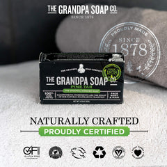 Grandpa's Pine Tar Soap packaging, showcasing eco-friendly branding and compact bar design.