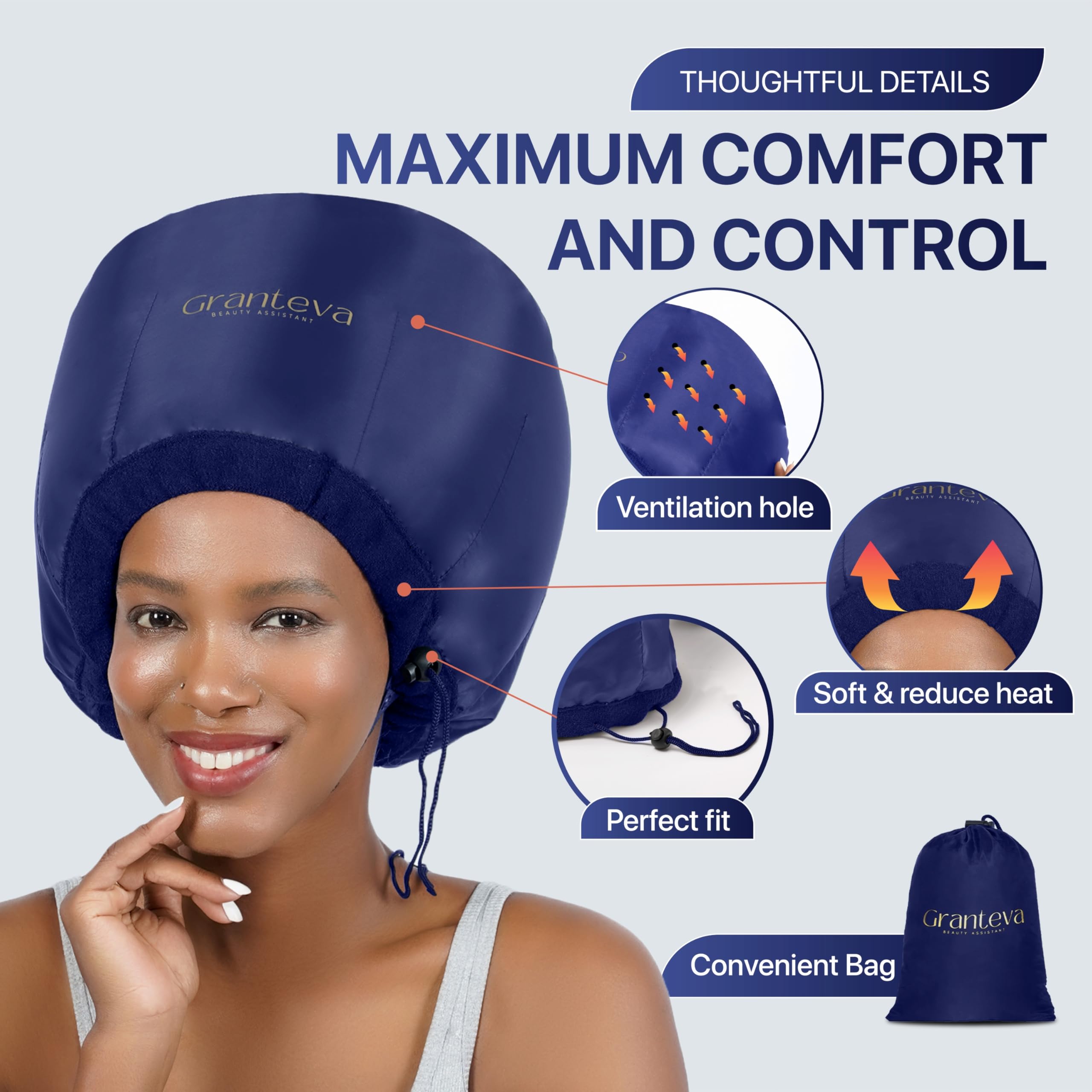 Granteva integrated headband bonnet shows built-in support for comfortable sessions