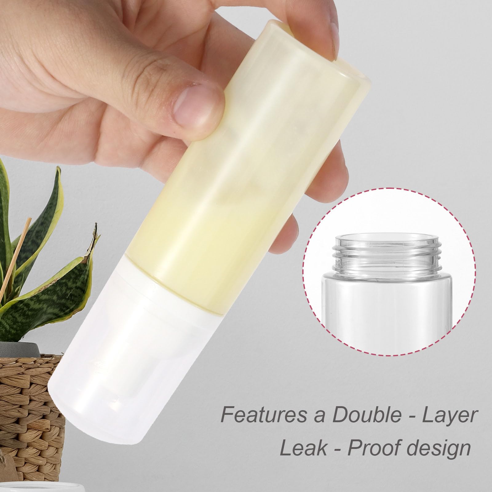 Gratriched travel bottle shown fitting in a small makeup bag for travel.