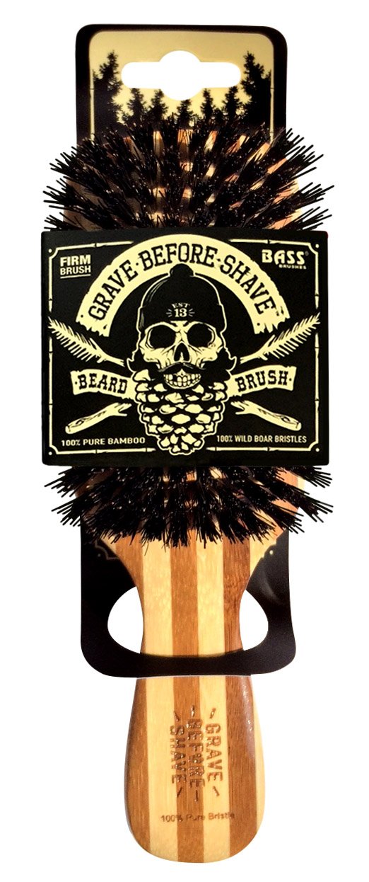 Grave Before Shave beard brush with laser etched Pine Guy logo for premium grooming