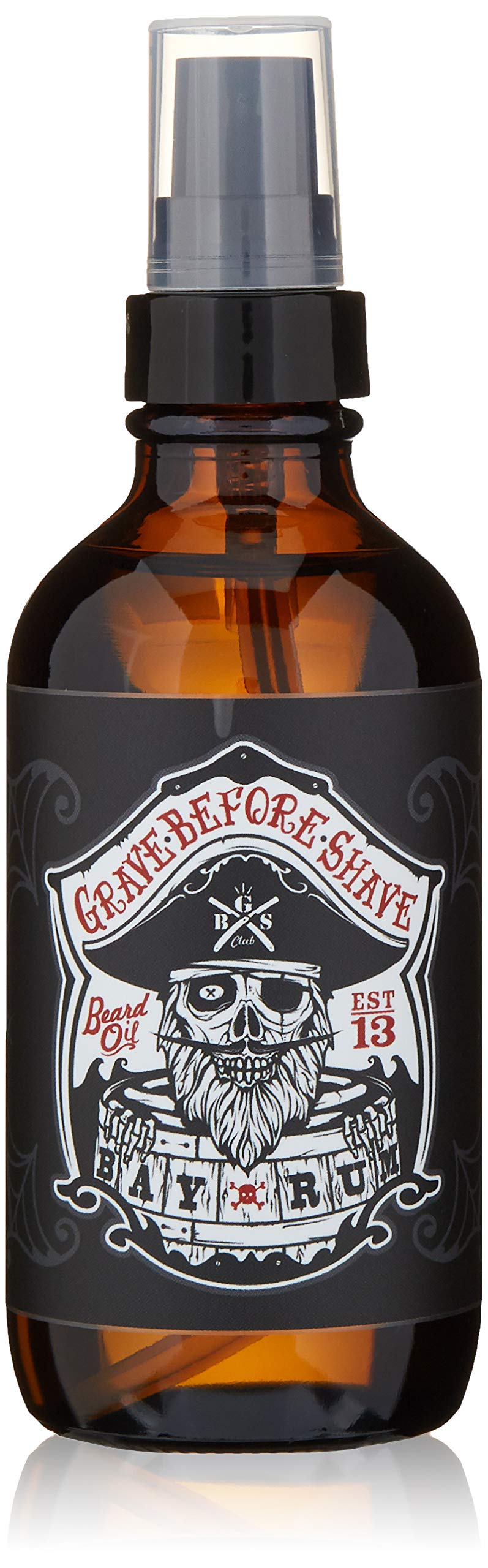 Grave Before Shave Bay Rum beard oil bottle promotes shine and softness.